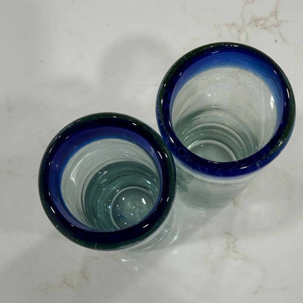 3/$25 Set of 2 Blue Rimmed Tall Shot Glasses - Picture 2 of 6